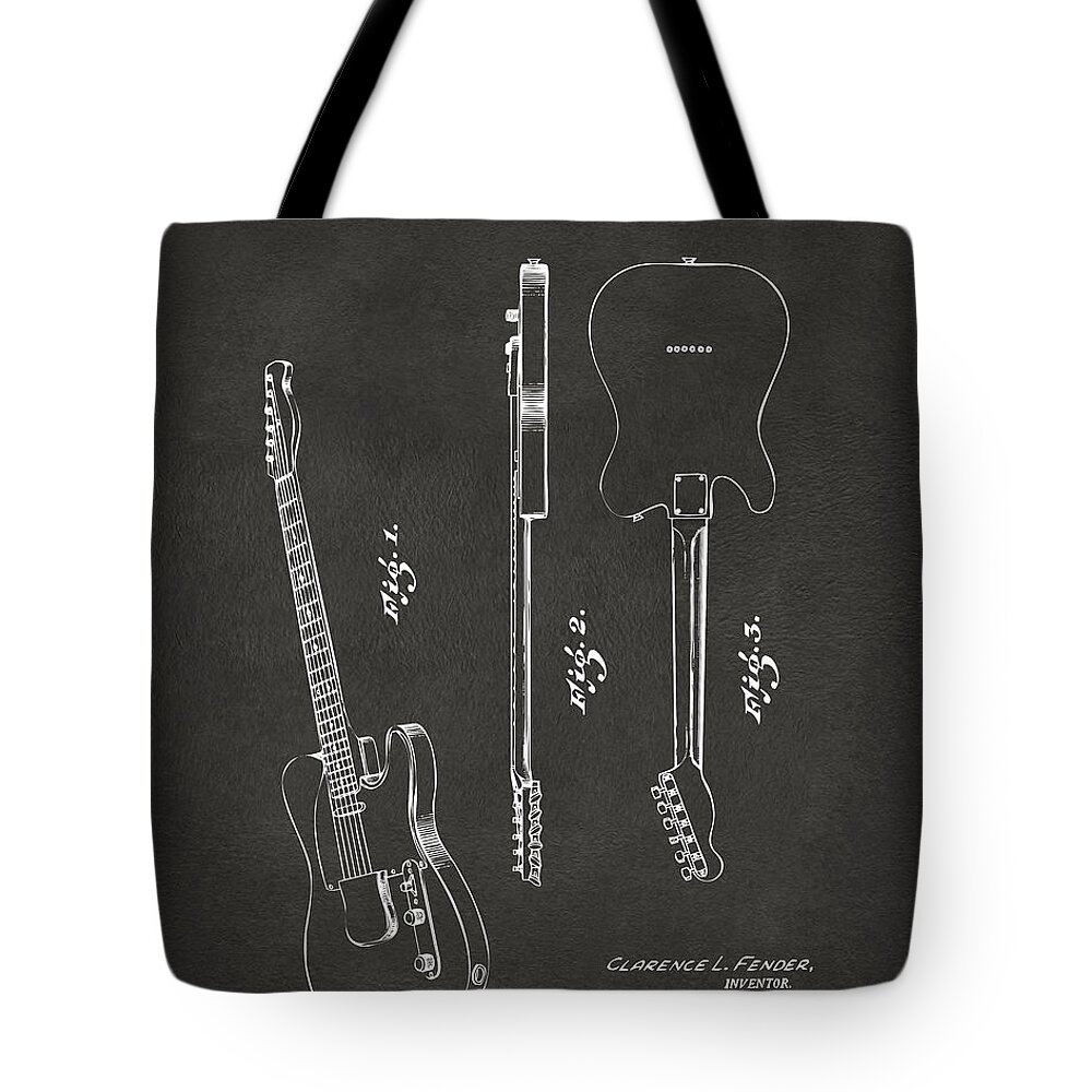 Fender Guitar Tote Bag featuring the digital art 1951 Fender Electric Guitar Patent Artwork - Gray by Nikki Marie Smith