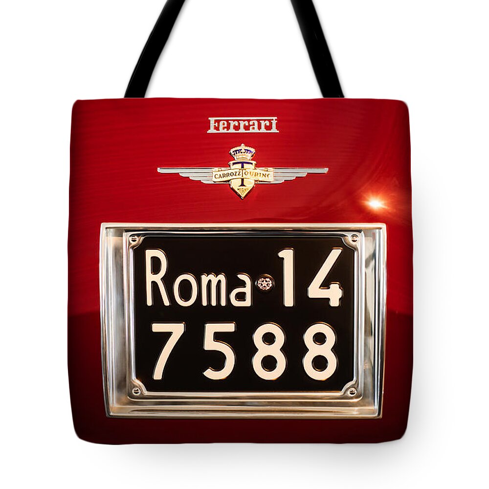 1951 Ferrari 212 Export Berlinetta Rear Emblem - License Plate Tote Bag featuring the photograph 1951 Ferrari 212 Export Berlinetta Rear Emblem - License Plate by Jill Reger