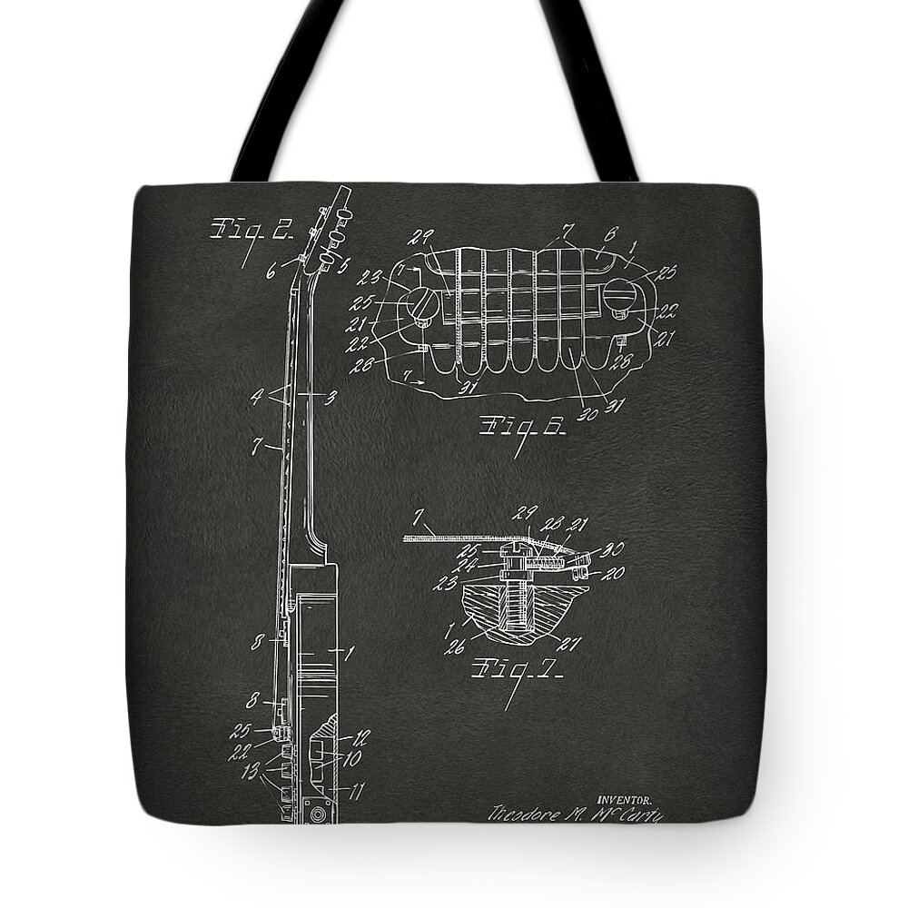 Guitar Tote Bag featuring the digital art 1955 McCarty Gibson Les Paul Guitar Patent Artwork 2 - Gray by Nikki Marie Smith