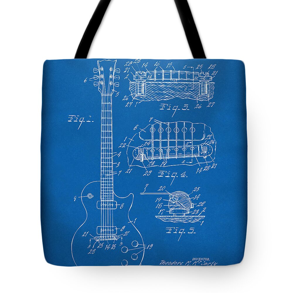 Guitar Tote Bag featuring the digital art 1955 McCarty Gibson Les Paul Guitar Patent Artwork Blueprint by Nikki Marie Smith