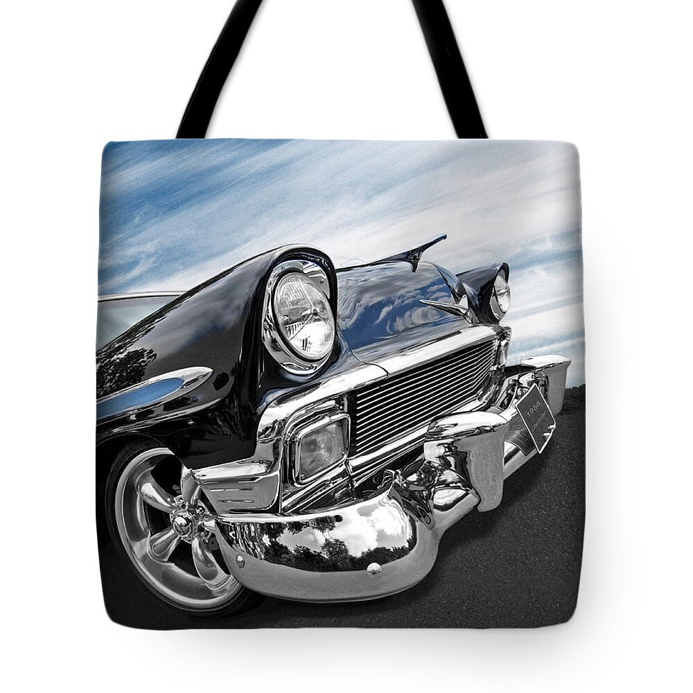 Classic Chevy Tote Bag featuring the photograph 1956 Chevrolet with Blue Skies by Gill Billington