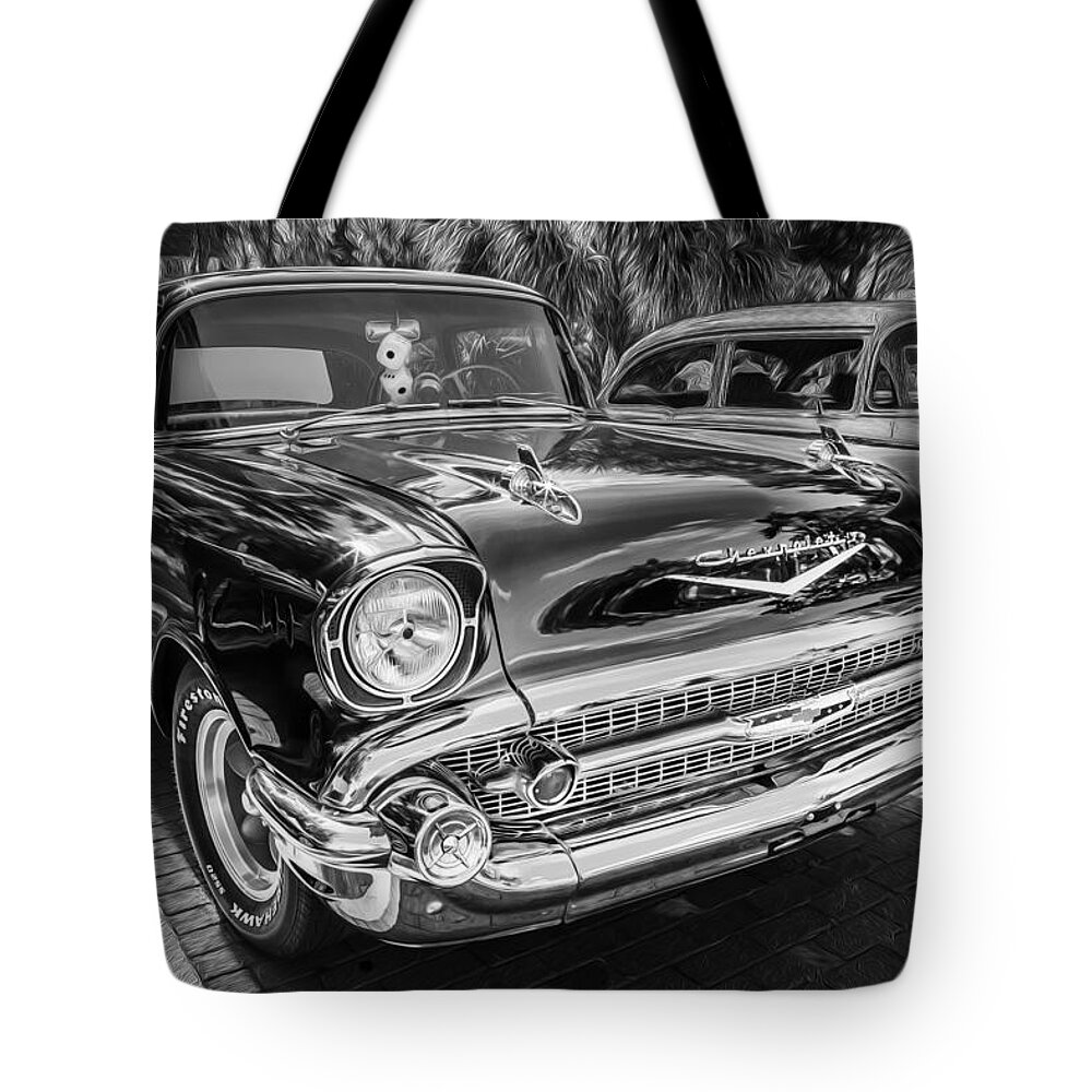 1957 Chevrolet 2 Door Tote Bag featuring the photograph 1957 Chevrolet 210 2 door Sedan Painted BW by Rich Franco