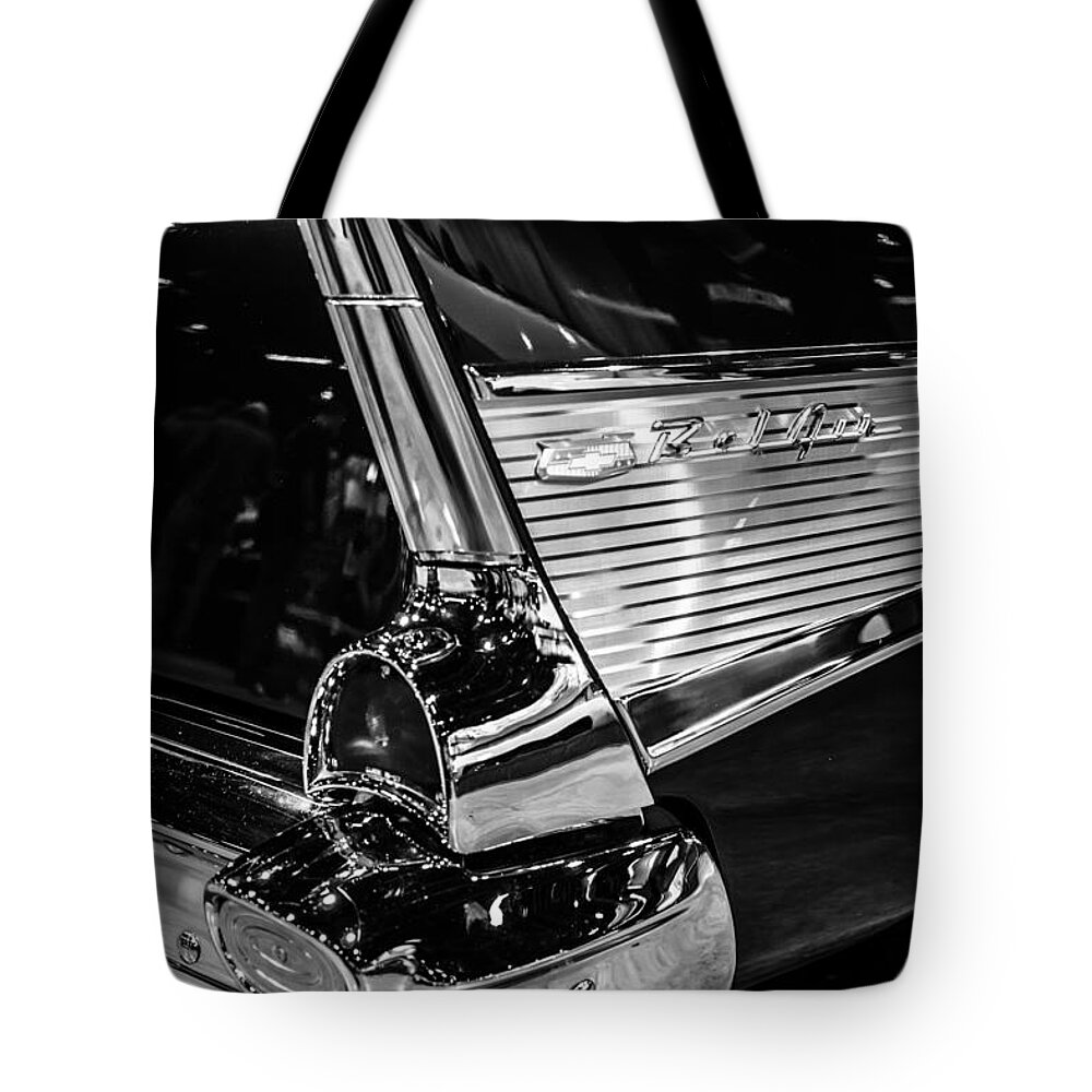 1950's Tote Bag featuring the photograph 1957 Chevy Bel Air Tail Fin by Paul Velgos
