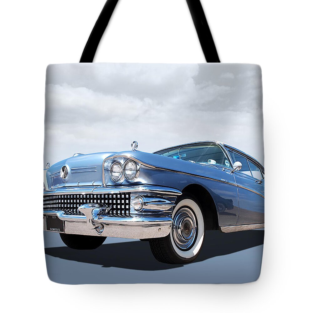 Buick Tote Bag featuring the photograph 1958 Buick Roadmaster 75 in a Blue Mood by Gill Billington