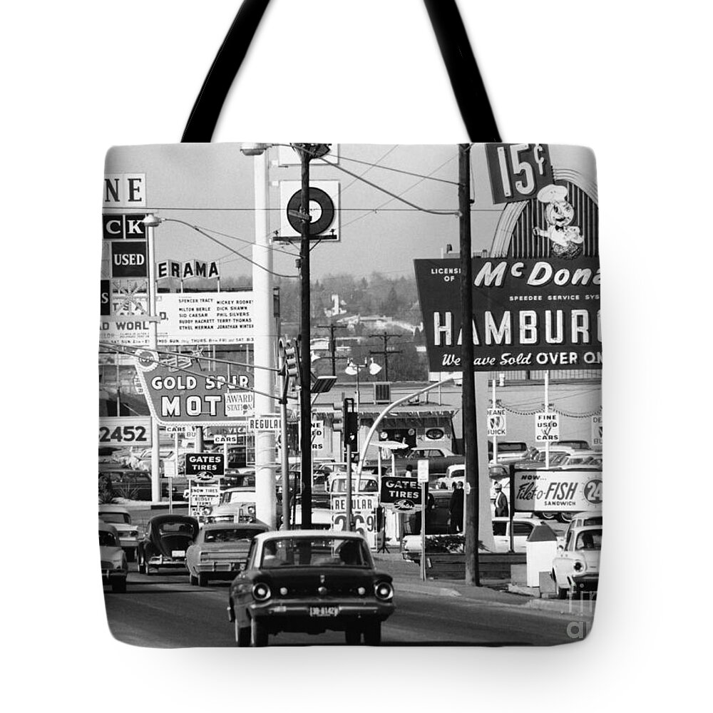 Historic Tote Bag featuring the photograph 1960s Denver Scene by Myron Wood