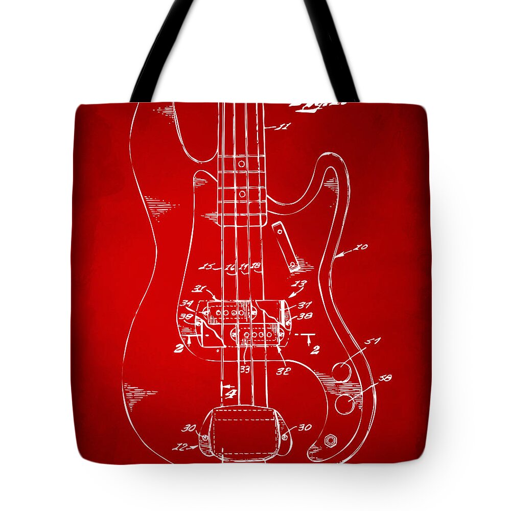 Guitar Tote Bag featuring the digital art 1961 Fender Guitar Patent Minimal - Red by Nikki Marie Smith