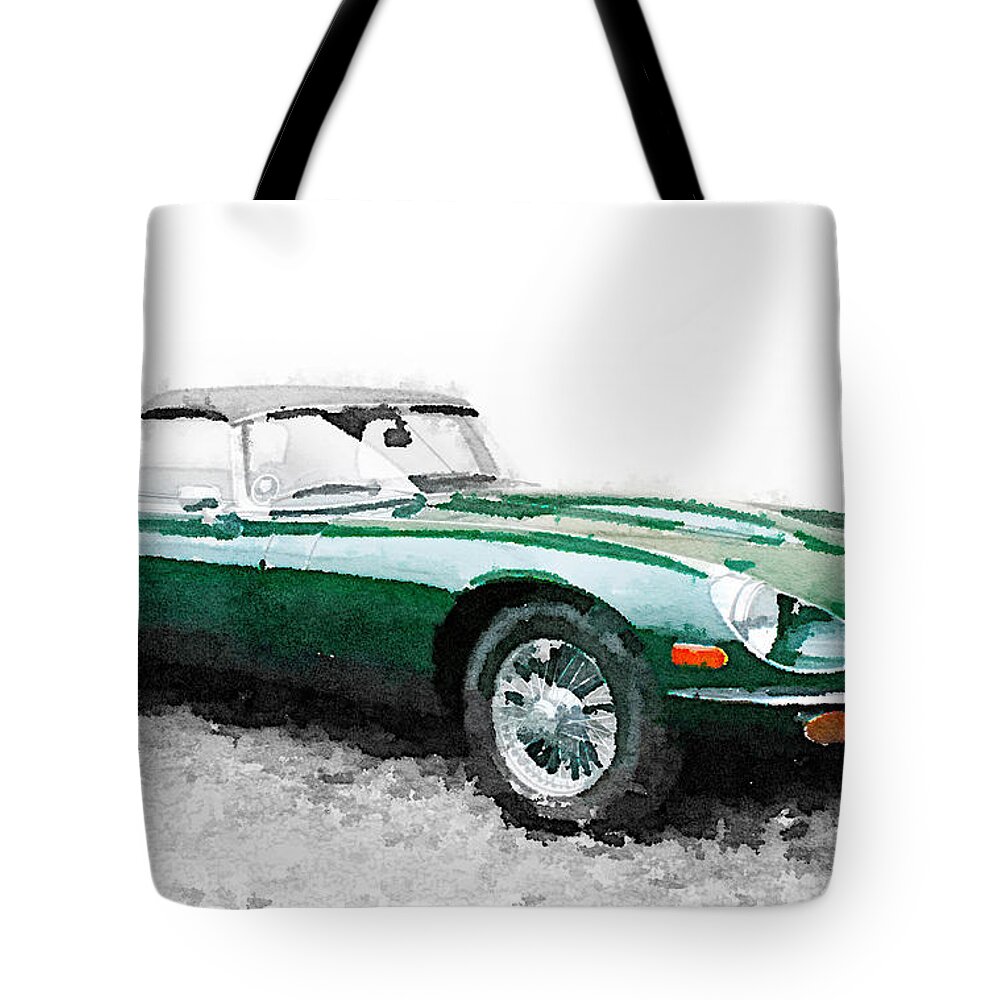 Jaguar E-type Tote Bag featuring the painting 1961 Jaguar E-Type Watercolor by Naxart Studio
