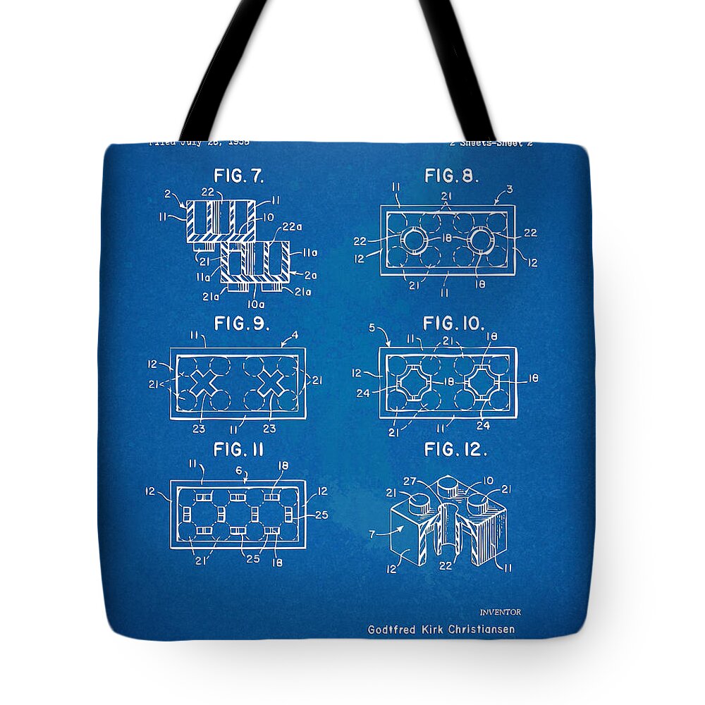 Toy Tote Bag featuring the digital art 1961 LEGO Brick Patent Artwork - Blueprint by Nikki Marie Smith
