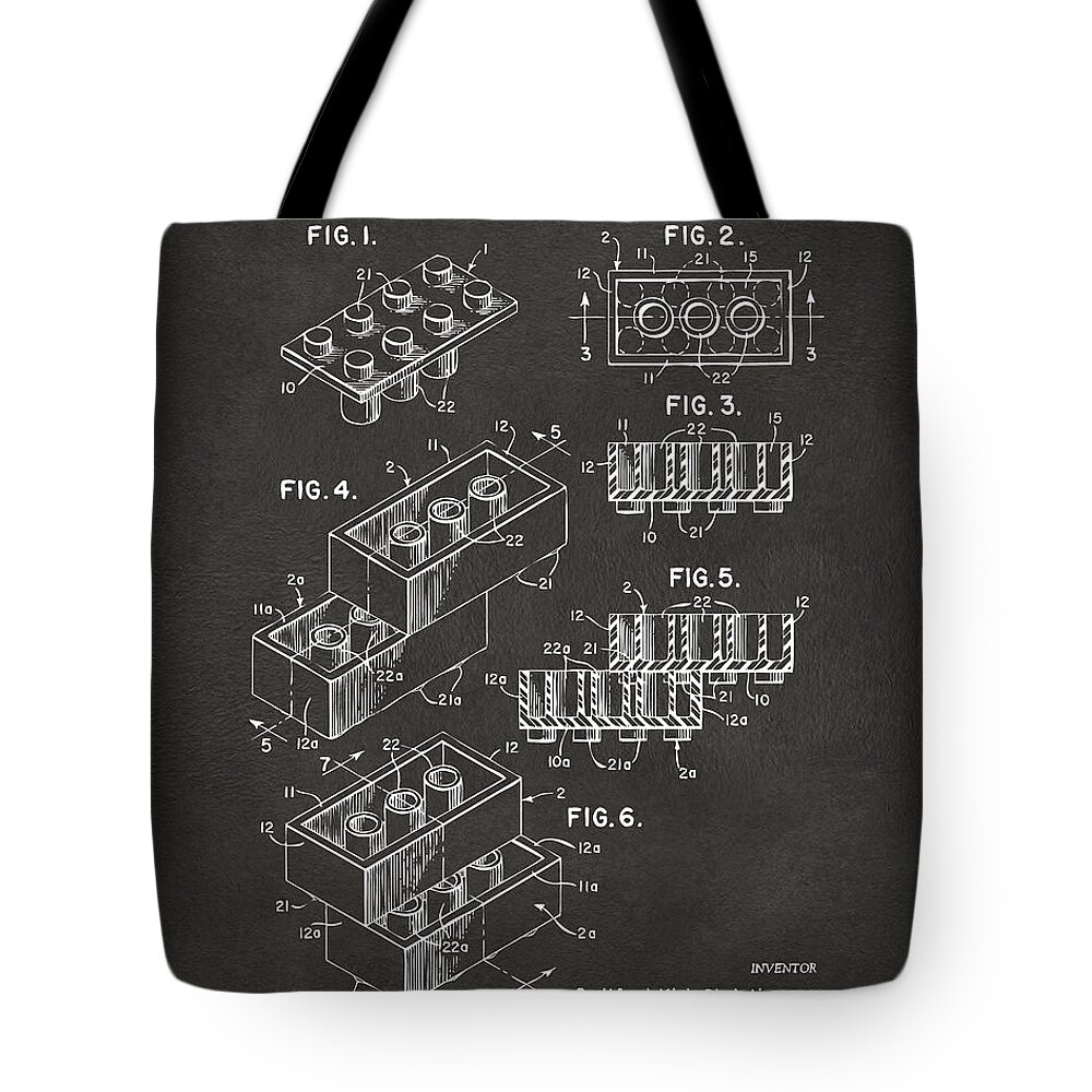 Toy Tote Bag featuring the digital art 1961 Toy Building Brick Patent Art - Gray by Nikki Marie Smith