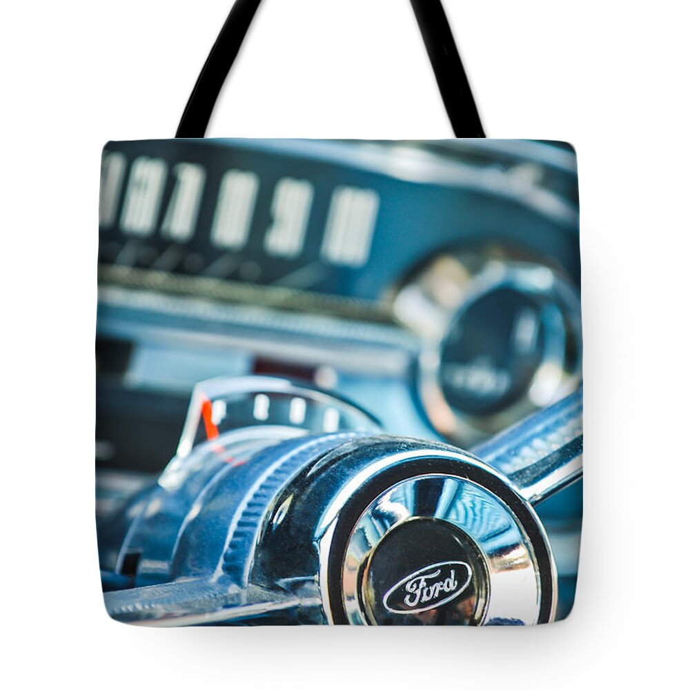 1963 Ford Falcon Futura Convertible Steering Wheel Emblem Tote Bag featuring the photograph 1963 Ford Falcon Futura Convertible Steering Wheel Emblem by Jill Reger