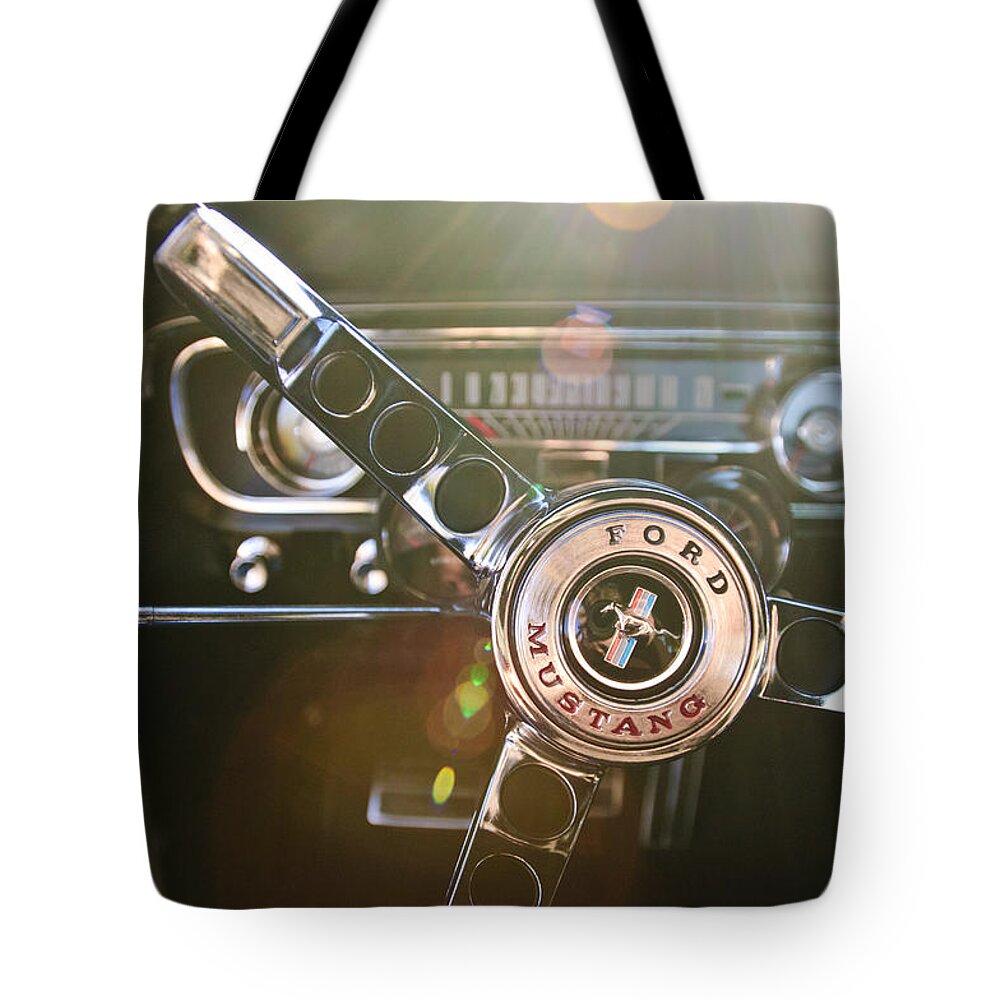 1965 Shelby Prototype Ford Mustang Tote Bag featuring the photograph 1965 Shelby prototype Ford Mustang Steering Wheel Emblem by Jill Reger