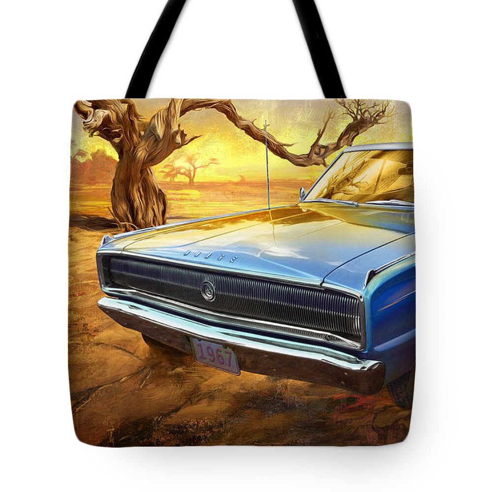Car Enthusiast Tote Bag featuring the digital art 1967 Dodge Charger in the Desert by Garth Glazier