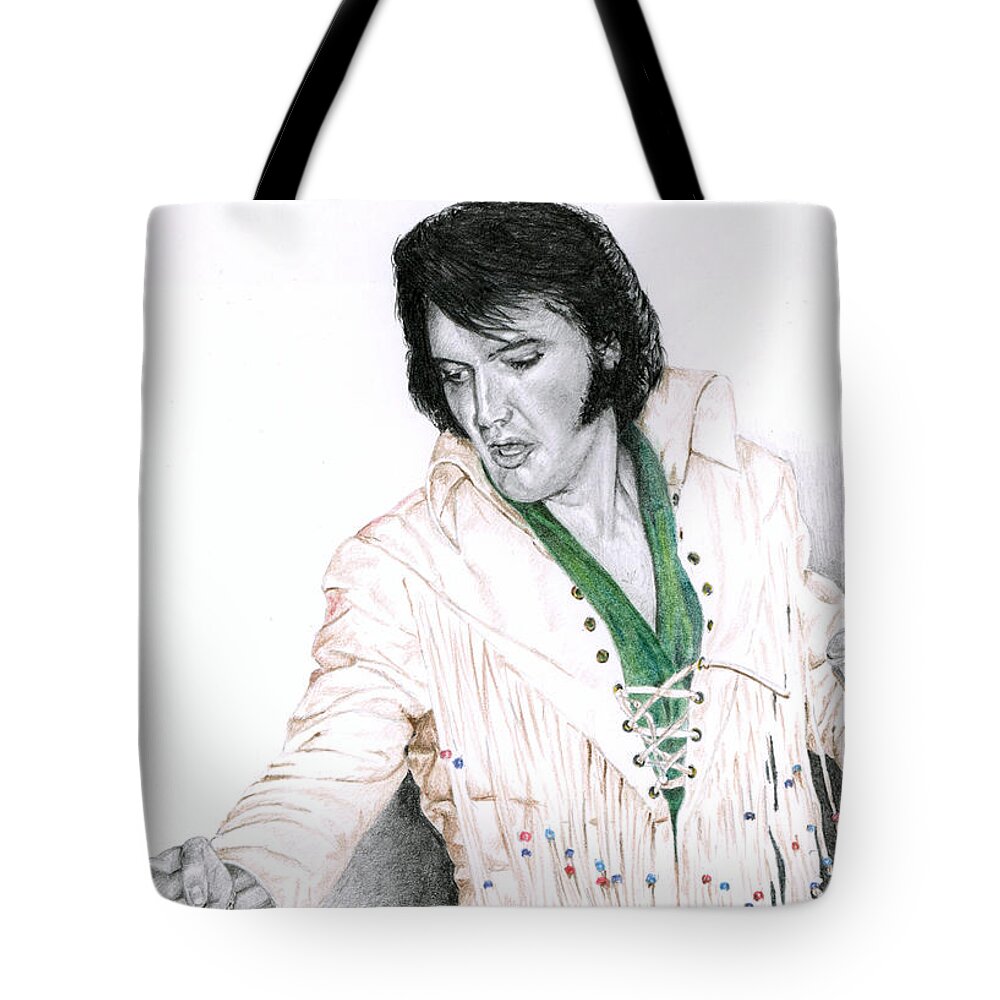 Elvis Tote Bag featuring the drawing 1970 White Thin Fringe Suit by Rob De Vries