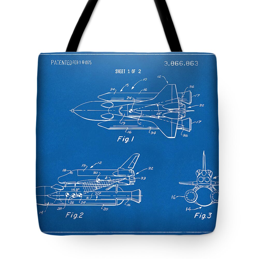Space Ship Tote Bag featuring the digital art 1975 Space Shuttle Patent - Blueprint by Nikki Marie Smith