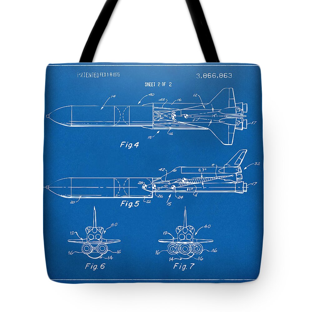 Space Ship Tote Bag featuring the digital art 1975 Space Vehicle Patent - Blueprint by Nikki Marie Smith