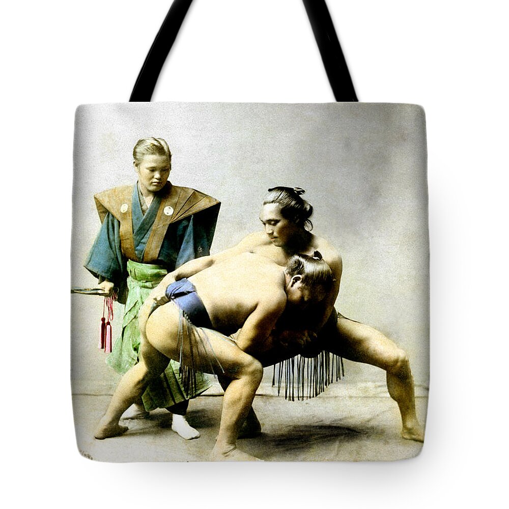 Retro Tote Bag featuring the photograph 19th C. Japanese Wrestlers by Historic Image