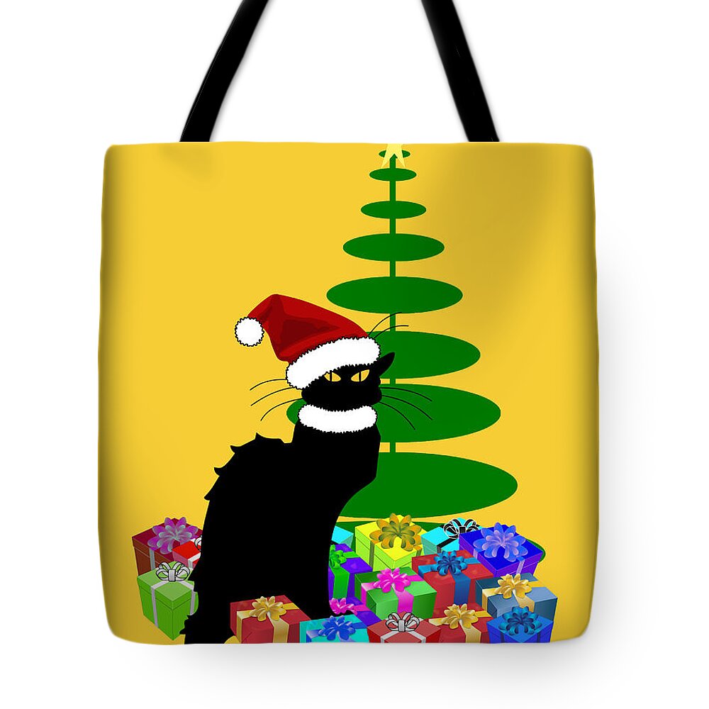 Le Chat Noir Tote Bag featuring the mixed media Christmas Le Chat Noir With Santa Hat #2 by Gravityx9  Designs