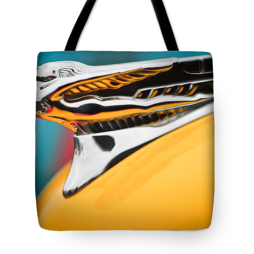 1946 Desoto Skyview Taxi Tote Bag featuring the photograph 1946 DeSoto Hood Ornament 2 #2 by Jill Reger