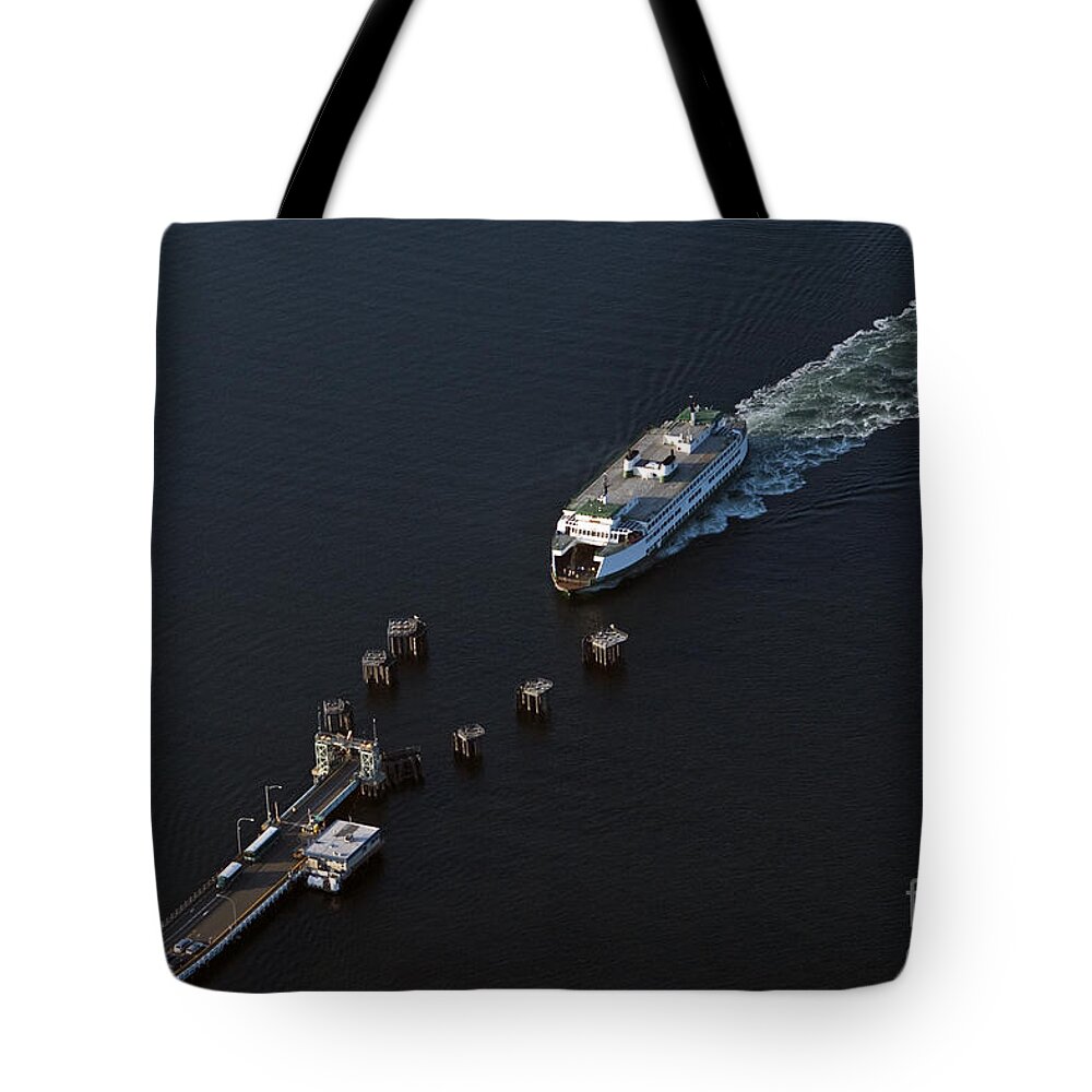 North America Tote Bag featuring the photograph Aerial view of passenger ferry boat going to Southworth Puget So #2 by Jim Corwin