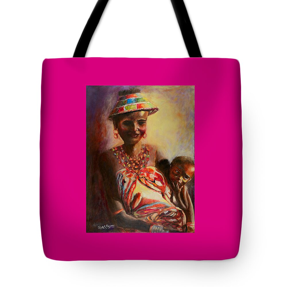 African Mother Tote Bag featuring the painting African Mother and Child by Sher Nasser