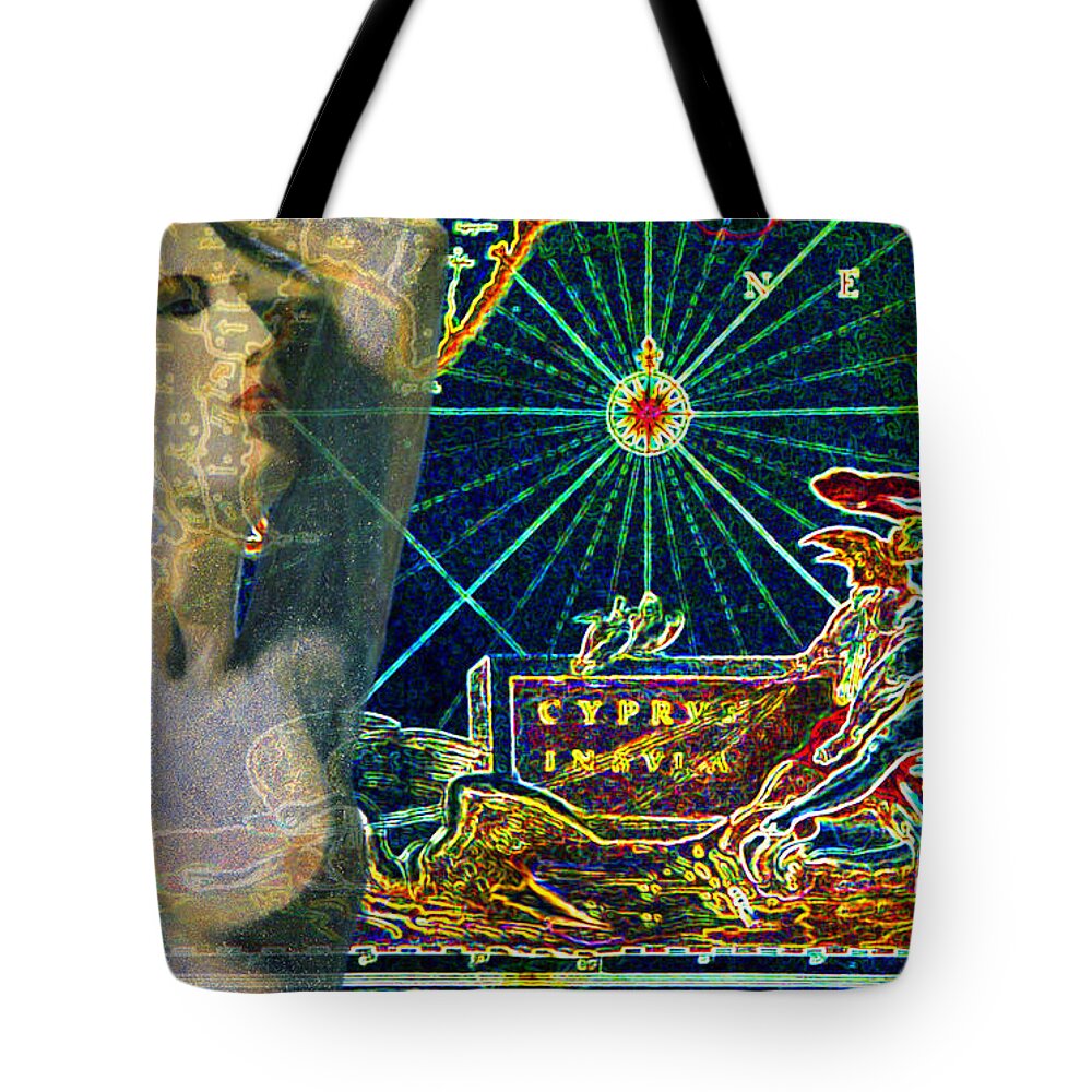 Augusta Stylianou Tote Bag featuring the digital art Ancient Cyprus Map and Aphrodite by Augusta Stylianou