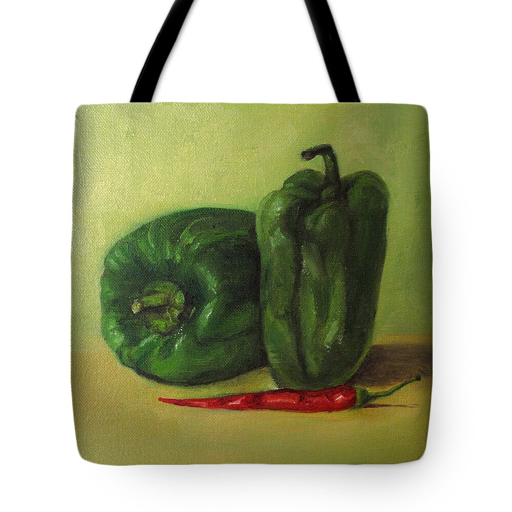 Still Life Painting Of Vegetables Tote Bag featuring the painting Capsicum and red chilli #2 by Asha Sudhaker Shenoy