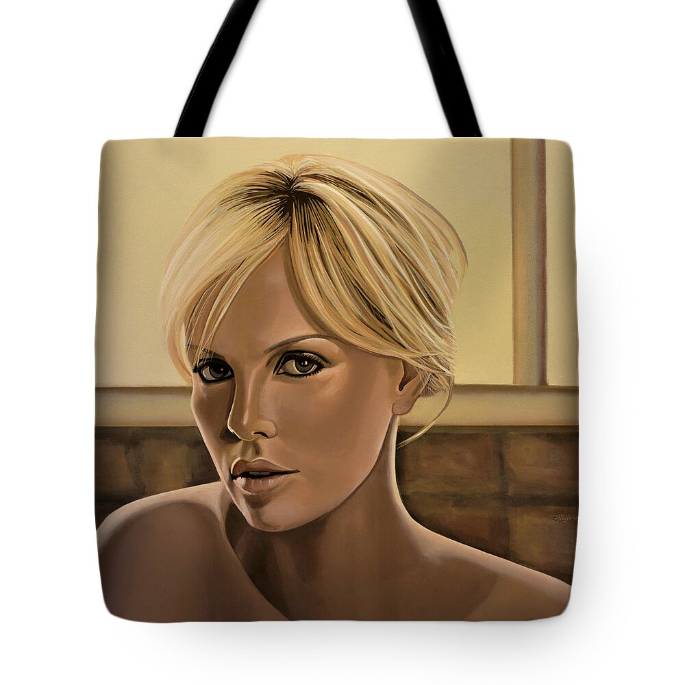 Charlize Theron Tote Bag featuring the painting Charlize Theron Painting by Paul Meijering