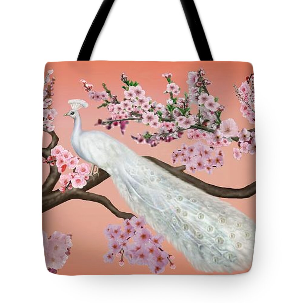 Cherry Blossom Framed Prints Tote Bag featuring the digital art Cherry Blossom Peacock by Glenn Holbrook