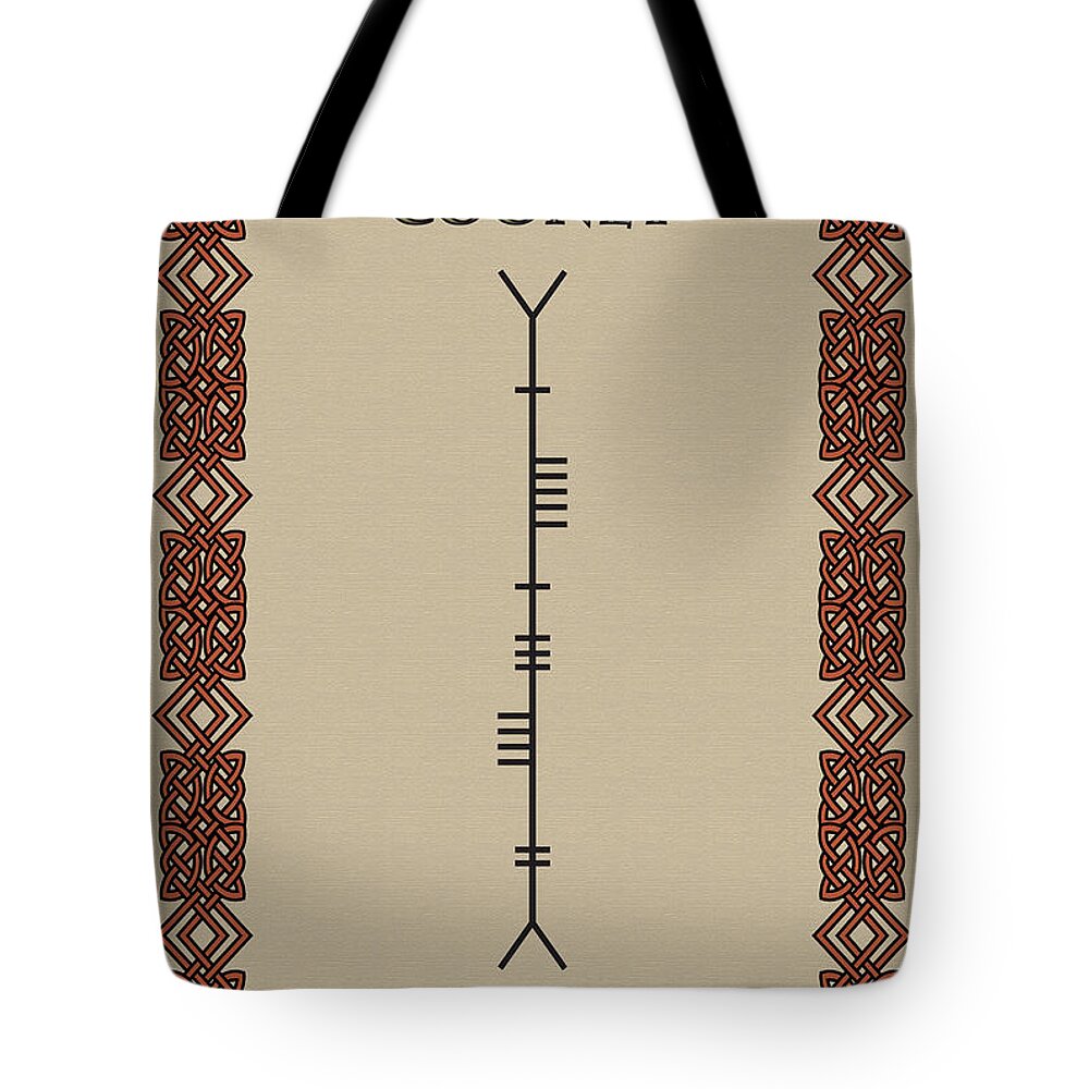Cooney Tote Bag featuring the digital art Cooney written in Ogham #2 by Ireland Calling