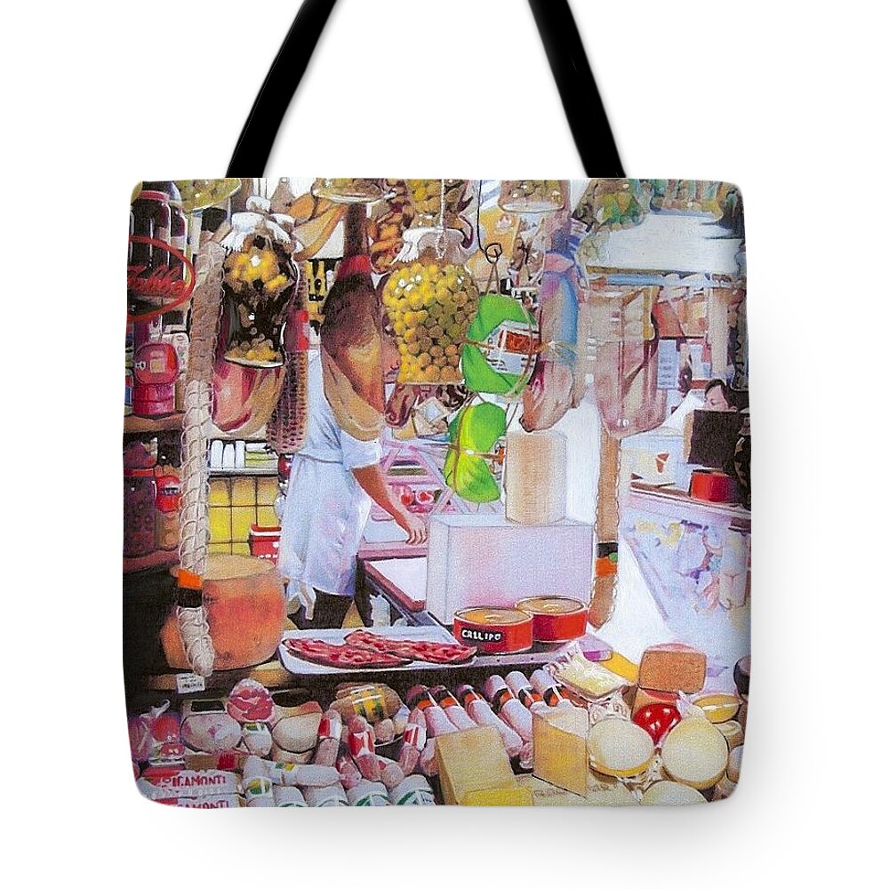Food Tote Bag featuring the mixed media Deli on the Via Condotti by Constance Drescher