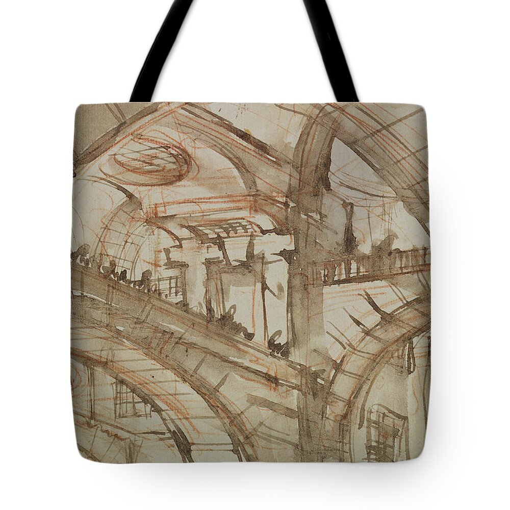 Gaol; Jail; Carceri D'invenzione; Fictive; Fantastic; Vaulted; Interior Tote Bag featuring the drawing Drawing of an Imaginary Prison by Giovanni Battista Piranesi