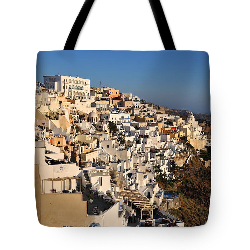 Santorini Tote Bag featuring the photograph Fira town during sunset #2 by George Atsametakis