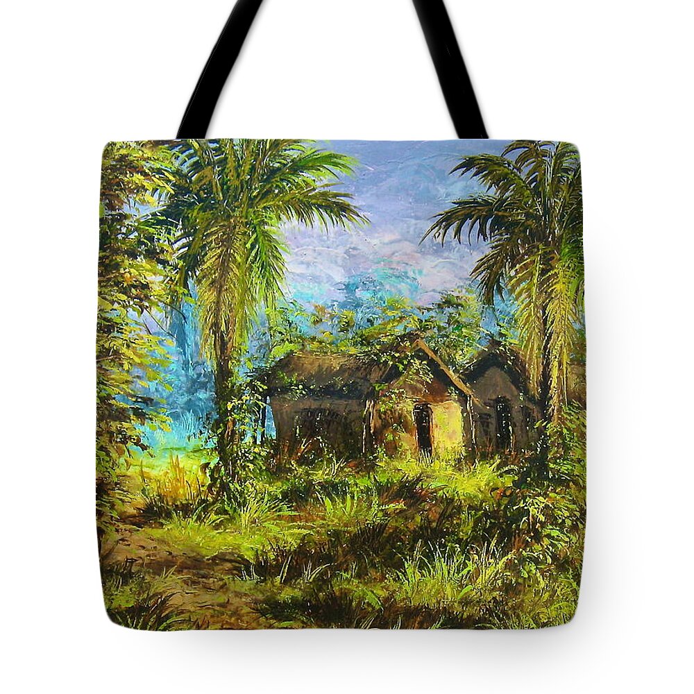 African Paintings Tote Bag featuring the painting Forest House by Luyeye