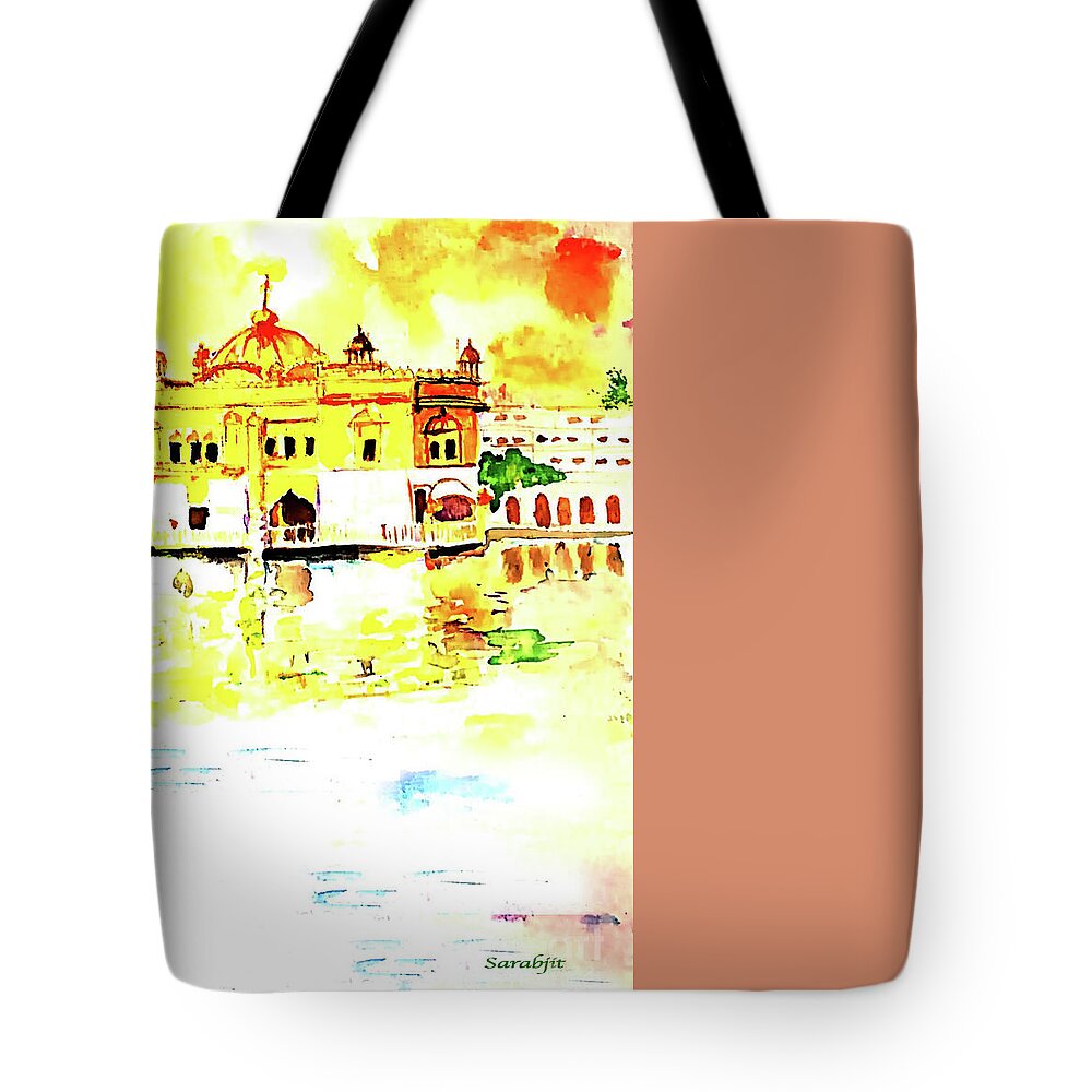 Golden Temple Tote Bag featuring the painting Golden Temple #1 by Sarabjit Singh