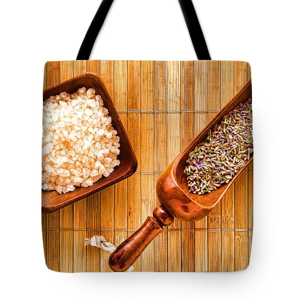 Bath Tote Bag featuring the photograph Lavender Seeds and Bath Salts #2 by Olivier Le Queinec
