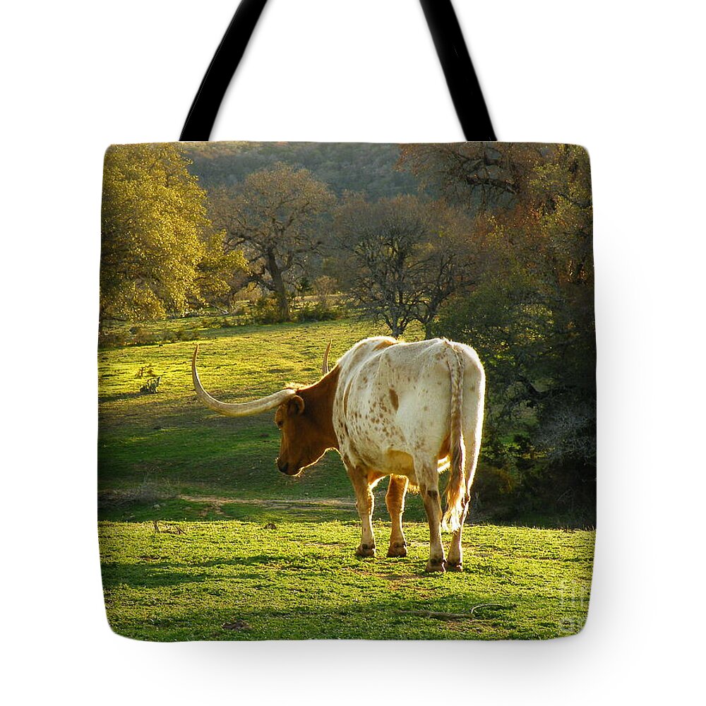Cow Tote Bag featuring the photograph Longhorns Long Day by Joe Pratt