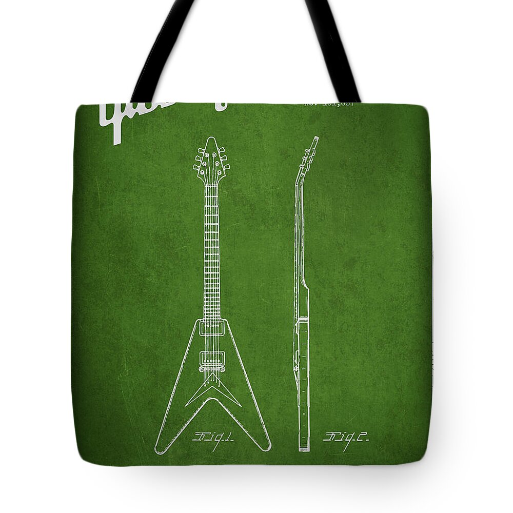 Gibson Tote Bag featuring the digital art Mccarty Gibson Electric guitar patent Drawing from 1958 - Green by Aged Pixel
