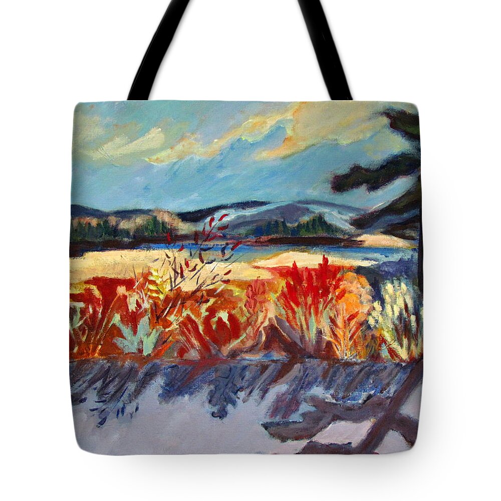 Farm Land Tote Bag featuring the painting Moon On Farm Land by Betty Pieper