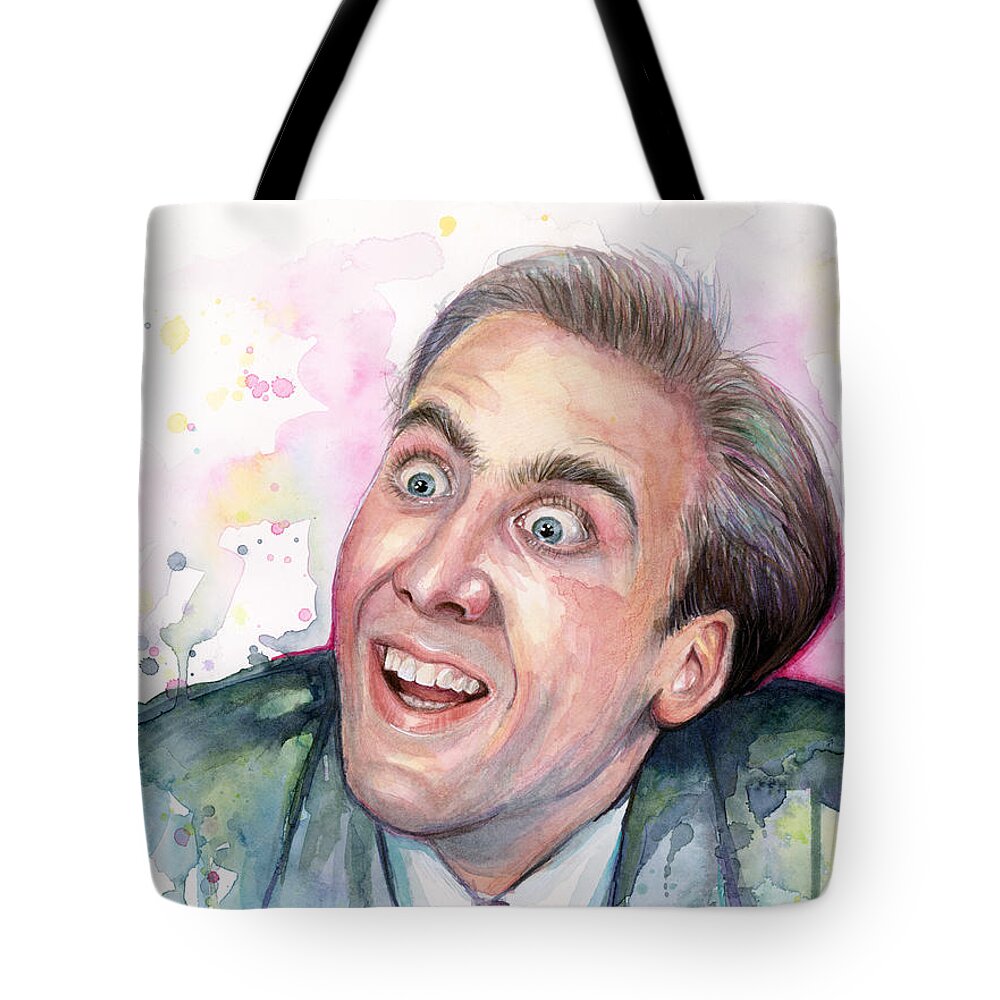Nic Cage Tote Bag featuring the painting Nicolas Cage You Don't Say Watercolor Portrait by Olga Shvartsur