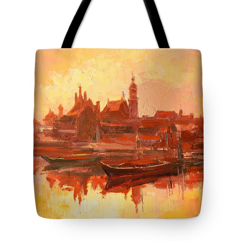 Warsaw Tote Bag featuring the painting Old Warsaw - Wisla river #2 by Luke Karcz