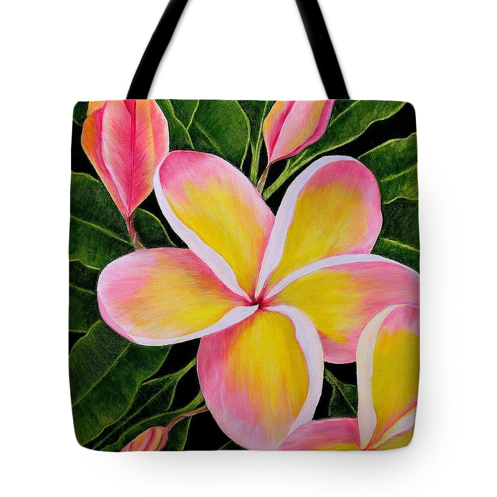 Flowers Tote Bag featuring the painting Rainbow Plumeria by Mary Deal