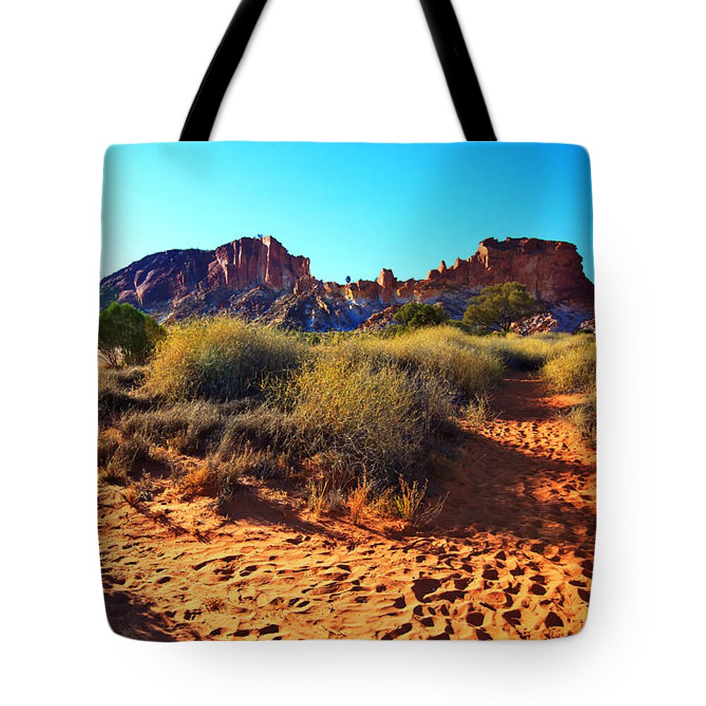 Rainbow Valley Sunrise Outback Landscape Central Australia Water Hole Northern Territory Australian Clay Pan Tote Bag featuring the photograph Rainbow Valley sunrise #2 by Bill Robinson
