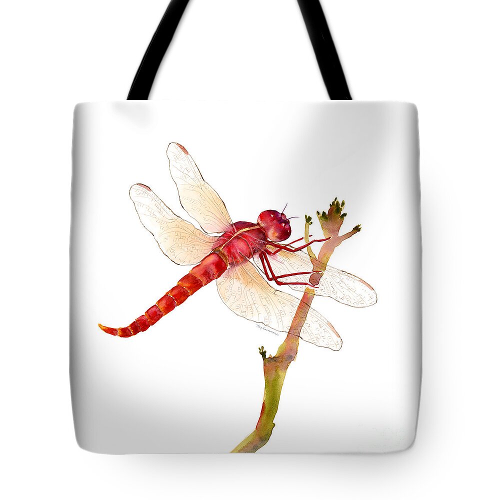 Red Tote Bag featuring the painting Red Dragonfly #1 by Amy Kirkpatrick