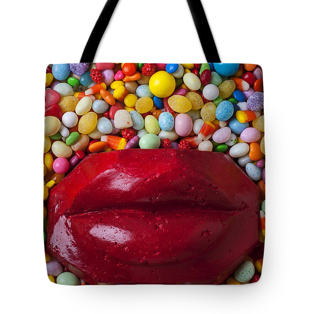 Red Lips Tote Bag featuring the photograph Red lips with candy by Garry Gay