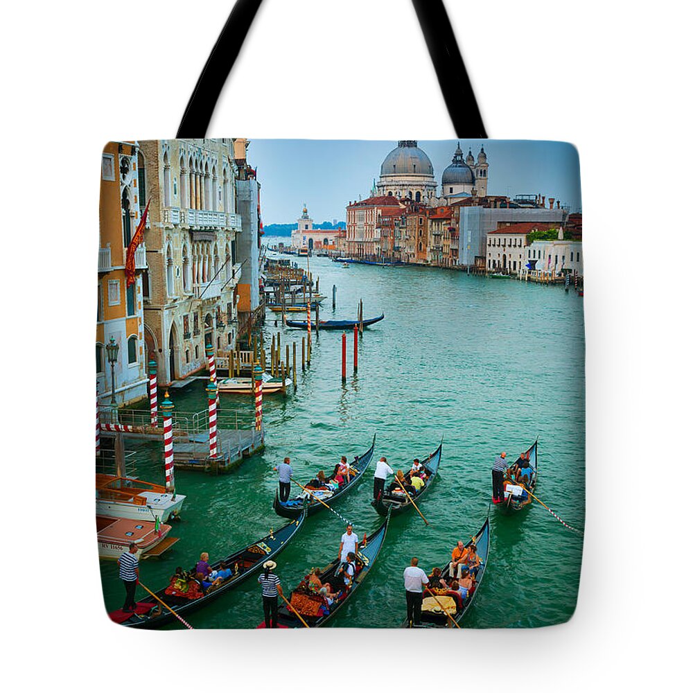 Canal Grande Tote Bag featuring the photograph Six Gondolas by Inge Johnsson