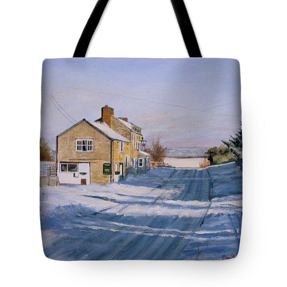 Snow. Public House Tote Bag featuring the painting Snow at the Navigation by Barry BLAKE