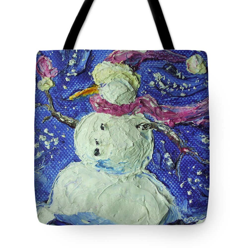 Snowman Painting Tote Bag featuring the painting Paris' Winter Snowman by Paris Wyatt Llanso
