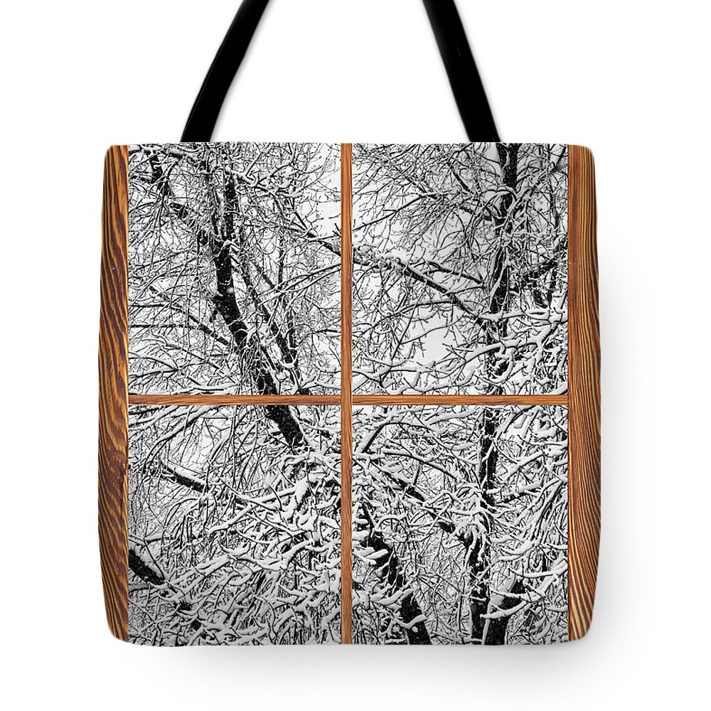 Windows Tote Bag featuring the photograph Snowy Tree Branches Barn Wood Picture Window Frame View #2 by James BO Insogna