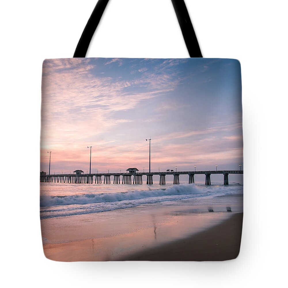 Sky Tote Bag featuring the photograph Sunrise at the pier by Stacy Abbott