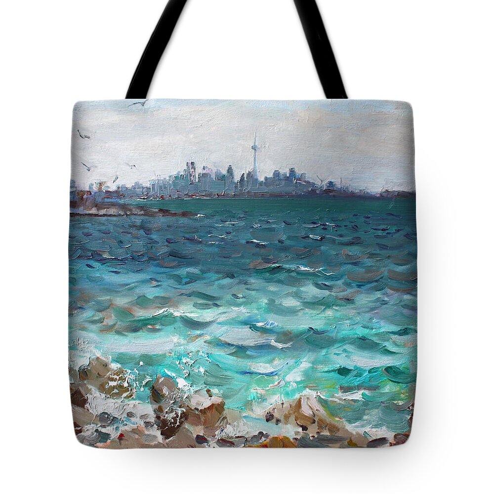 Toronto Skyline Tote Bag featuring the painting Toronto Skyline by Ylli Haruni